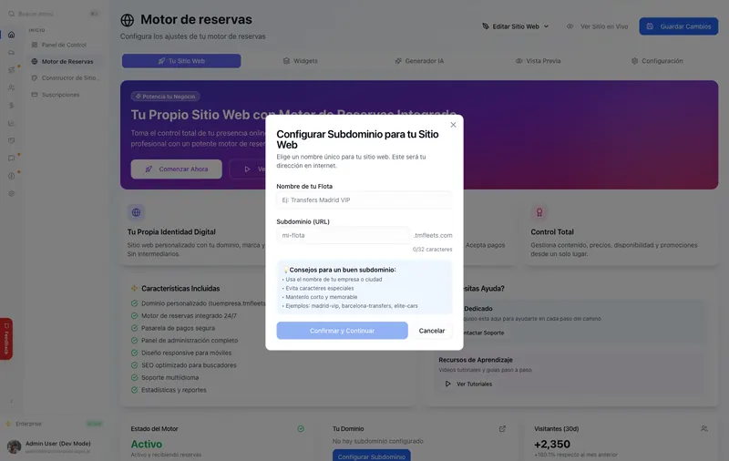 Motor de reservas: el operador elige el subdominio de su web propia